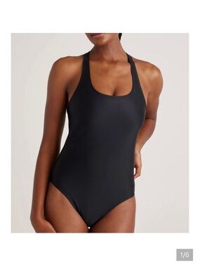 Quince Italian Cross-Back One-Piece Swimsuit Womens L Black Adjustable Straps